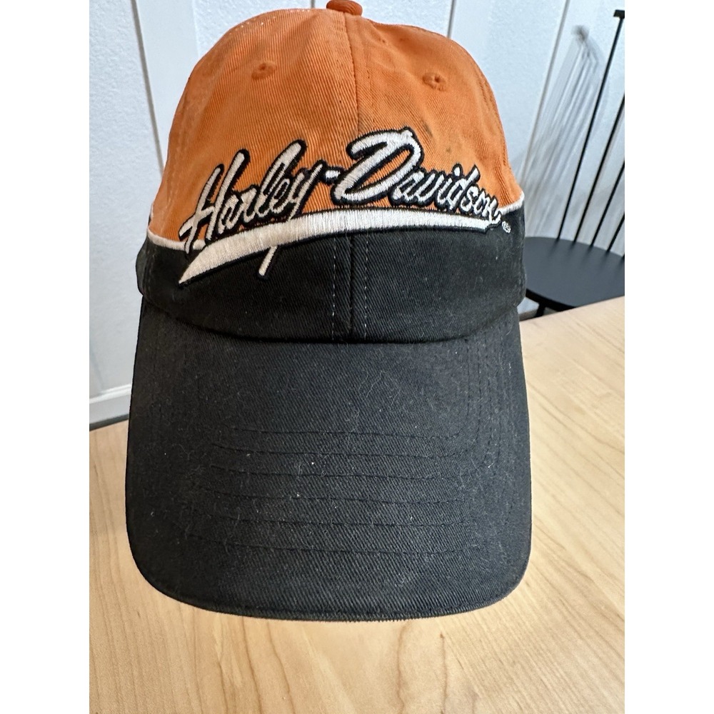 Vtg Harley Davidson Orange Black Hat Ball Cap Embroidery Script Logo Shield